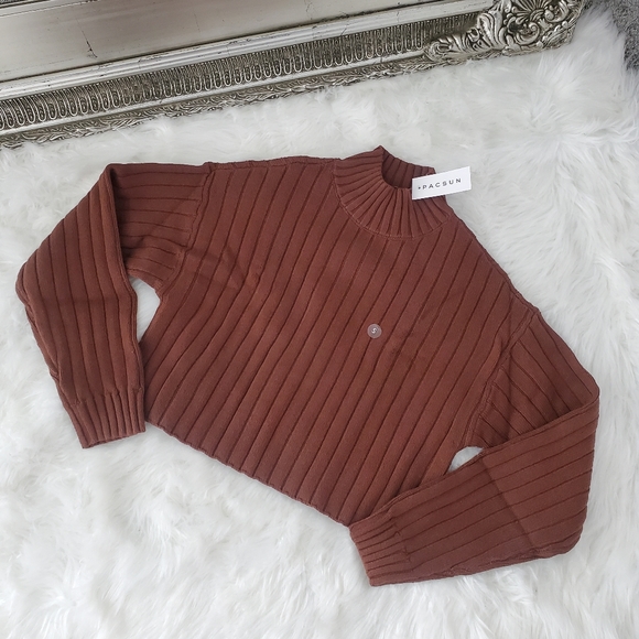 New! PacSun LA Hearts Ribbed kint cropped fit Sailing Sweater in Brown.Step up - Picture 3 of 8